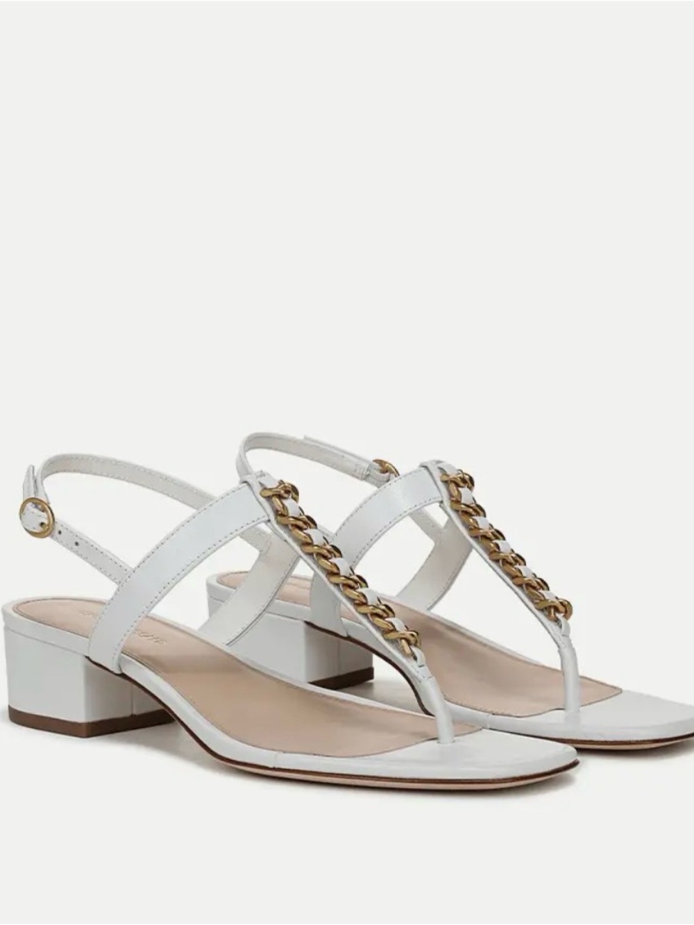 🆕 Veronica Beard White Leather T-Strap Sandals with Gold Chain